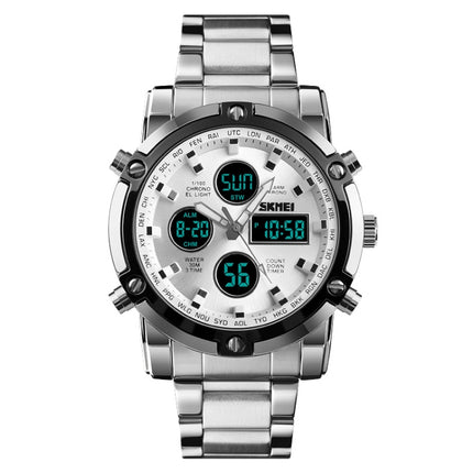 SKMEI 1389 Multifunctional Men Business Digital Watch 30m Waterproof Large Dial Wrist Watch with Stainless Steel Watchband (Silver)-garmade.com