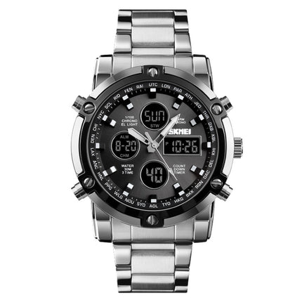 SKMEI 1389 Multifunctional Men Business Digital Watch 30m Waterproof Large Dial Wrist Watch with Stainless Steel Watchband (Silver+Black)-garmade.com