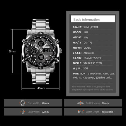 SKMEI 1389 Multifunctional Men Business Digital Watch 30m Waterproof Large Dial Wrist Watch with Stainless Steel Watchband (Silver+Black)-garmade.com