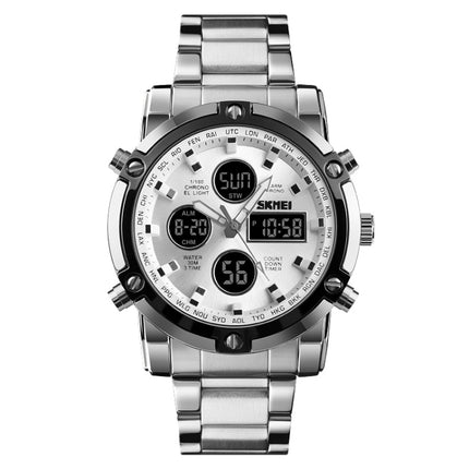 SKMEI 1389 Multifunctional Men Business Digital Watch 30m Waterproof Large Dial Wrist Watch with Stainless Steel Watchband (Silver)-garmade.com