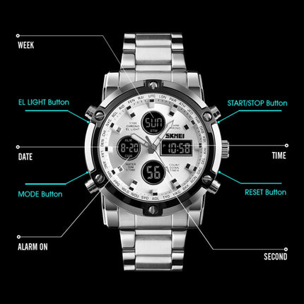 SKMEI 1389 Multifunctional Men Business Digital Watch 30m Waterproof Large Dial Wrist Watch with Stainless Steel Watchband (Silver)-garmade.com