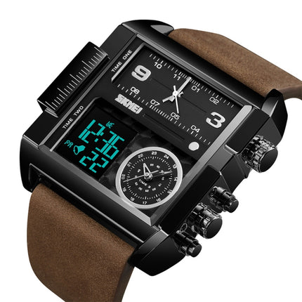SKMEI 1391 Multifunctional Men Business Digital Watch 30m Waterproof Square Dial Wrist Watch with Leather Watchband(Black+Coffee)-garmade.com