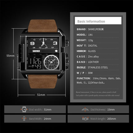 SKMEI 1391 Multifunctional Men Business Digital Watch 30m Waterproof Square Dial Wrist Watch with Leather Watchband(Black+Coffee)-garmade.com