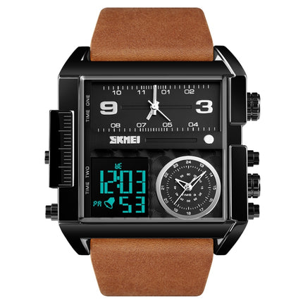 SKMEI 1391 Multifunctional Men Business Digital Watch 30m Waterproof Square Dial Wrist Watch with Leather Watchband(Black Brown)-garmade.com