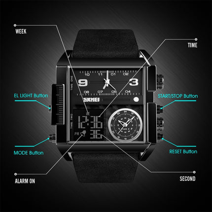 SKMEI 1391 Multifunctional Men Business Digital Watch 30m Waterproof Square Dial Wrist Watch with Leather Watchband(Silver+Coffee)-garmade.com