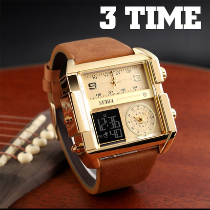 SKMEI 1391 Multifunctional Men Business Digital Watch 30m Waterproof Square Dial Wrist Watch with Leather Watchband(Silver+Coffee)-garmade.com