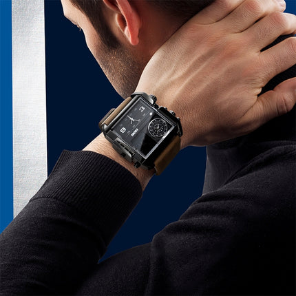 SKMEI 1391 Multifunctional Men Business Digital Watch 30m Waterproof Square Dial Wrist Watch with Leather Watchband(Gold Black)-garmade.com