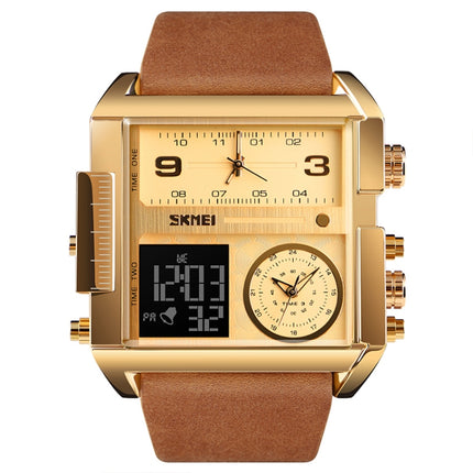 SKMEI 1391 Multifunctional Men Business Digital Watch 30m Waterproof Square Dial Wrist Watch with Leather Watchband(Gold)-garmade.com
