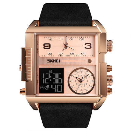 SKMEI 1391 Multifunctional Men Business Digital Watch 30m Waterproof Square Dial Wrist Watch with Leather Watchband(Rose Gold)-garmade.com