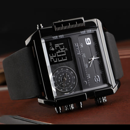 SKMEI 1391 Multifunctional Men Business Digital Watch 30m Waterproof Square Dial Wrist Watch with Leather Watchband(Silver+Black)-garmade.com