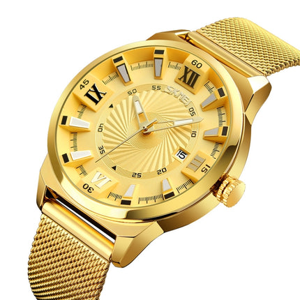 SKMEI 9166 Fashion Men Business Watch 30m Waterproof Metal Quartz Wristwatch(Gold)-garmade.com