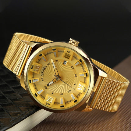 SKMEI 9166 Fashion Men Business Watch 30m Waterproof Metal Quartz Wristwatch(Gold)-garmade.com