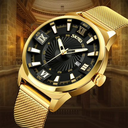 SKMEI 9166 Fashion Men Business Watch 30m Waterproof Metal Quartz Wristwatch(Gold)-garmade.com