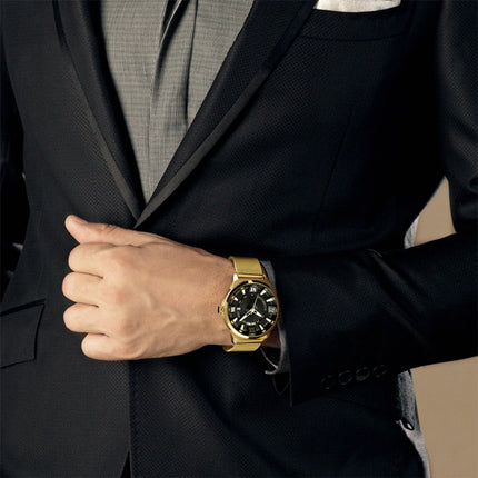 SKMEI 9166 Fashion Men Business Watch 30m Waterproof Metal Quartz Wristwatch(Gold)-garmade.com