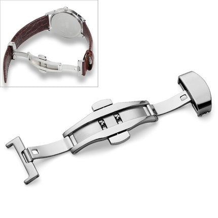 Watch Leather Wrist Strap Butterfly Buckle 316 Stainless Steel Double Snap, Size: 16mm (Silver)-garmade.com