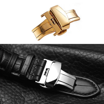 Watch Leather Wrist Strap Butterfly Buckle 316 Stainless Steel Double Snap, Size: 16mm (Silver)-garmade.com