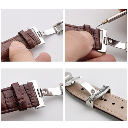 Watch Leather Wrist Strap Butterfly Buckle 316 Stainless Steel Double Snap, Size: 20mm (Silver)-garmade.com