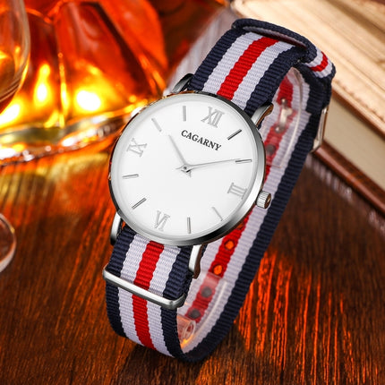 CAGARNY 6812 Concise Style Ultra Thin Quartz Wrist Watch with Striped Nylon Band for Couples(Silver)-garmade.com