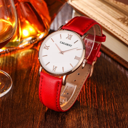 CAGARNY 6812 Concise Style Ultra Thin Quartz Wrist Watch with Leather Band for Women(Red Band)-garmade.com