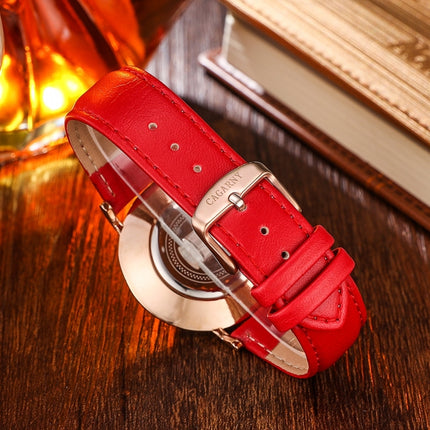 CAGARNY 6812 Concise Style Ultra Thin Quartz Wrist Watch with Leather Band for Women(Red Band)-garmade.com