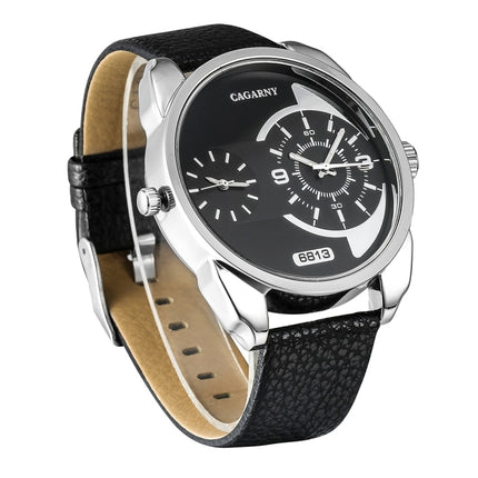 CAGARNY 6813 Fashionable Dual Clock Quartz Business Wrist Watch with Leather Band for Men(White Case Black Band)-garmade.com