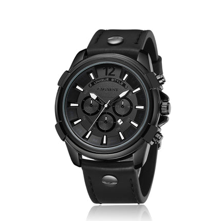 CAGARNY 6882 Fashion Waterproof Polychromatic Metal Shell Quartz Watch with Leather Wristband(Black Black)-garmade.com