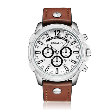 CAGARNY 6882 Fashion Waterproof Polychromatic Metal Shell Quartz Watch with Leather Wristband-garmade.com