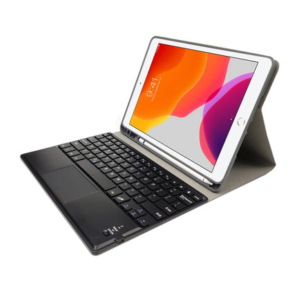 RK102C Detachable Magnetic Plastic Bluetooth Keyboard with Touchpad + Silk Pattern TPU Tablet Case for iPad 10.2, with Pen Slot & Bracket(Blue)-garmade.com