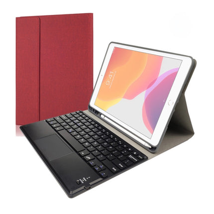 RK102C Detachable Magnetic Plastic Bluetooth Keyboard with Touchpad + Silk Pattern TPU Tablet Case for iPad 10.2, with Pen Slot & Bracket(Red)-garmade.com