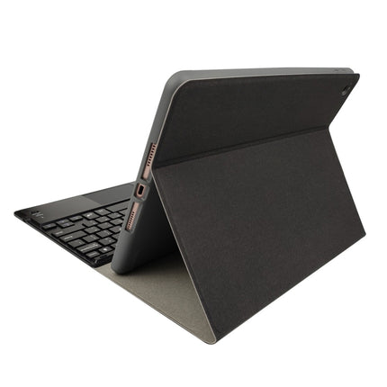 RK102C Detachable Magnetic Plastic Bluetooth Keyboard with Touchpad + Silk Pattern TPU Tablet Case for iPad 10.2, with Pen Slot & Bracket(Black)-garmade.com