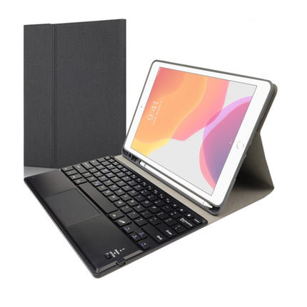RK102C Detachable Magnetic Plastic Bluetooth Keyboard with Touchpad + Silk Pattern TPU Tablet Case for iPad 10.2, with Pen Slot & Bracket(Black)-garmade.com