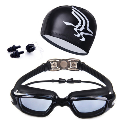 High-definition Waterproof Fogproof Swimming Goggles with Swimming Cap (Black)-garmade.com