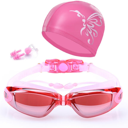 High-definition Waterproof Fogproof Swimming Goggles with Swimming Cap (Pink)-garmade.com