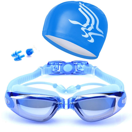 High-definition Waterproof Fogproof Swimming Goggles with Swimming Cap (Blue)-garmade.com