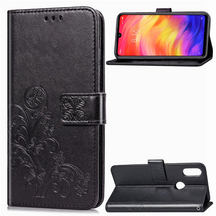 Lucky Clover Pressed Flowers Pattern Leather Case for Xiaomi Redmi Note 7, with Holder & Card Slots & Wallet & Hand Strap (Black)-garmade.com