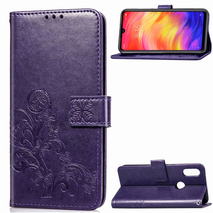 Lucky Clover Pressed Flowers Pattern Leather Case for Xiaomi Redmi Note 7, with Holder & Card Slots & Wallet & Hand Strap (Purple)-garmade.com