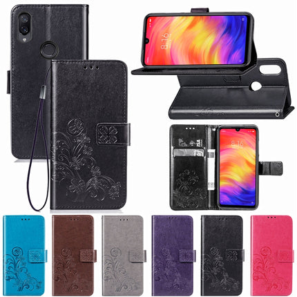 Lucky Clover Pressed Flowers Pattern Leather Case for Xiaomi Redmi Note 7, with Holder & Card Slots & Wallet & Hand Strap (Purple)-garmade.com