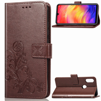 Lucky Clover Pressed Flowers Pattern Leather Case for Xiaomi Redmi Note 7, with Holder & Card Slots & Wallet & Hand Strap (Brown)-garmade.com