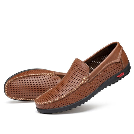 Round Head Hollow Breathable and Comfortable Casual Leather Shoes (Color:Brown Size:43)-garmade.com