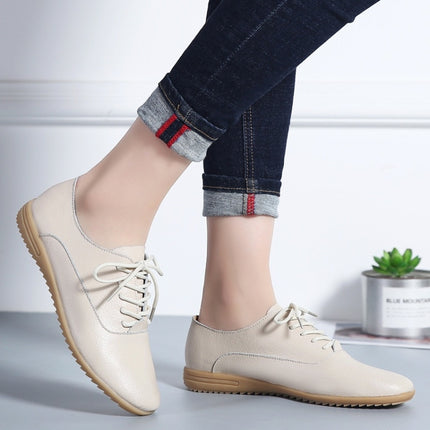 Flat Bottom Lightweight Fashion Casual Lace-up Leather Shoes for Woman (Color:Beige Size:35)-garmade.com
