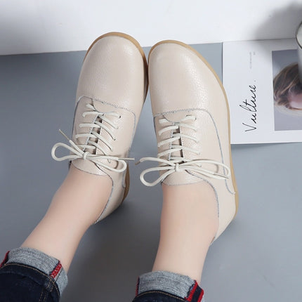 Flat Bottom Lightweight Fashion Casual Lace-up Leather Shoes for Woman (Color:Beige Size:35)-garmade.com