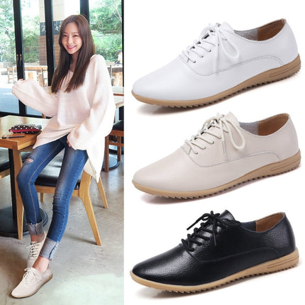 Flat Bottom Lightweight Fashion Casual Lace-up Leather Shoes for Woman (Color:Beige Size:36)-garmade.com