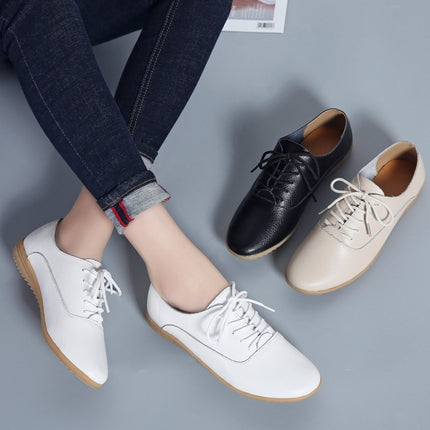 Flat Bottom Lightweight Fashion Casual Lace-up Leather Shoes for Woman (Color:Beige Size:36)-garmade.com