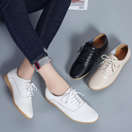 Flat Bottom Lightweight Fashion Casual Lace-up Leather Shoes for Woman (Color:Beige Size:37)-garmade.com