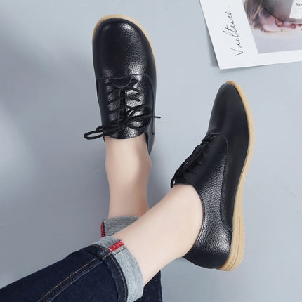 Flat Bottom Lightweight Fashion Casual Lace-up Leather Shoes for Woman (Color:Black Size:35)-garmade.com
