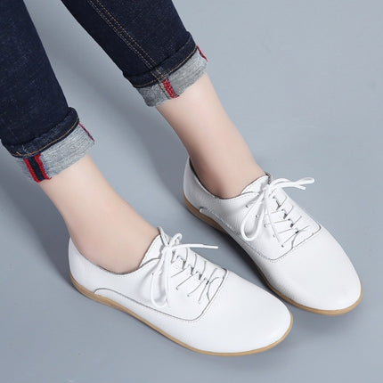 Flat Bottom Lightweight Fashion Casual Lace-up Leather Shoes for Woman (Color:White Size:35)-garmade.com