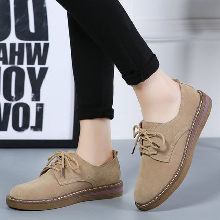 Suede Flat Bottom Lace-up Wear Resistant Fashion Casual Shoes for Woman (Color:Khaki Size:35)-garmade.com