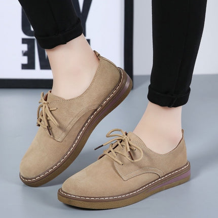 Suede Flat Bottom Lace-up Wear Resistant Fashion Casual Shoes for Woman (Color:Khaki Size:35)-garmade.com