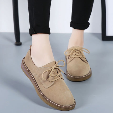 Suede Flat Bottom Lace-up Wear Resistant Fashion Casual Shoes for Woman (Color:Khaki Size:35)-garmade.com