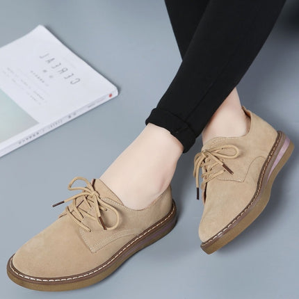Suede Flat Bottom Lace-up Wear Resistant Fashion Casual Shoes for Woman (Color:Khaki Size:36)-garmade.com